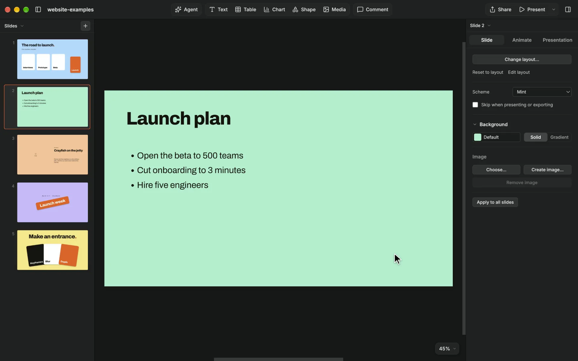 The Agent pane beside a Launch plan slide whose three bullets it turned into three cards with big numbers: 500 teams in the open beta, 3 minutes to finish onboarding and 5 engineers hired.