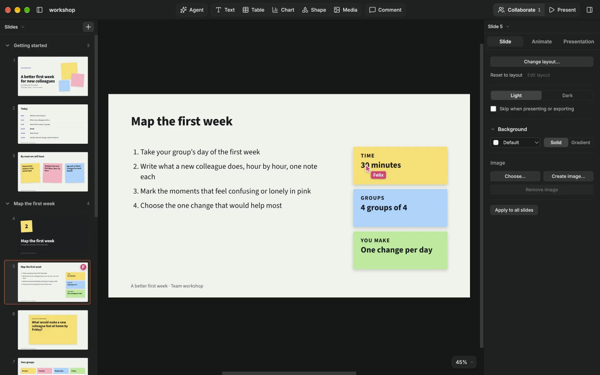 A shared workshop presentation in the editor. Felix’s pink pointer, labeled with his name, rests on a yellow note that now reads 45 minutes.