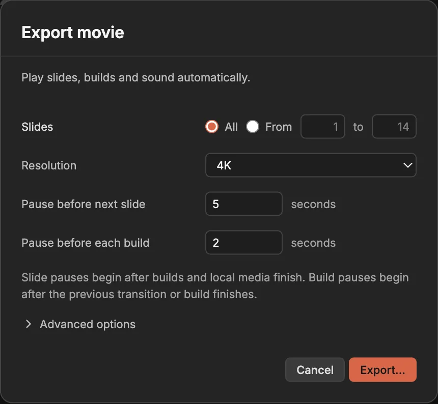 The Export movie dialog: all slides at 4K, with a pause before the next slide and before each build.