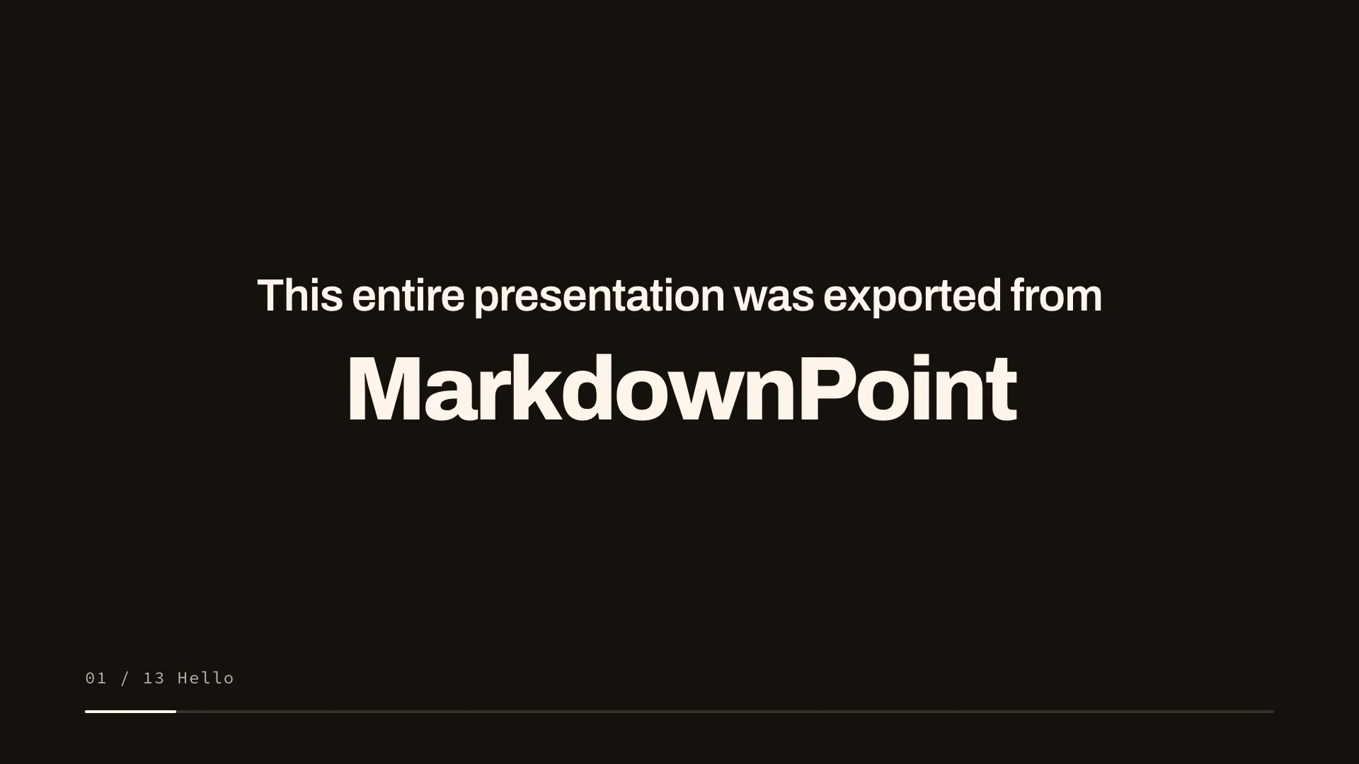 The first slide: “This entire presentation was exported from MarkdownPoint.” The presentation plays: MarkdownPoint, its maker, slides as plain text, editing together, publishing, keyframes, smart guides, AI agents, AI pictures and styles, and export. Then it pulls back into the editor that holds it.