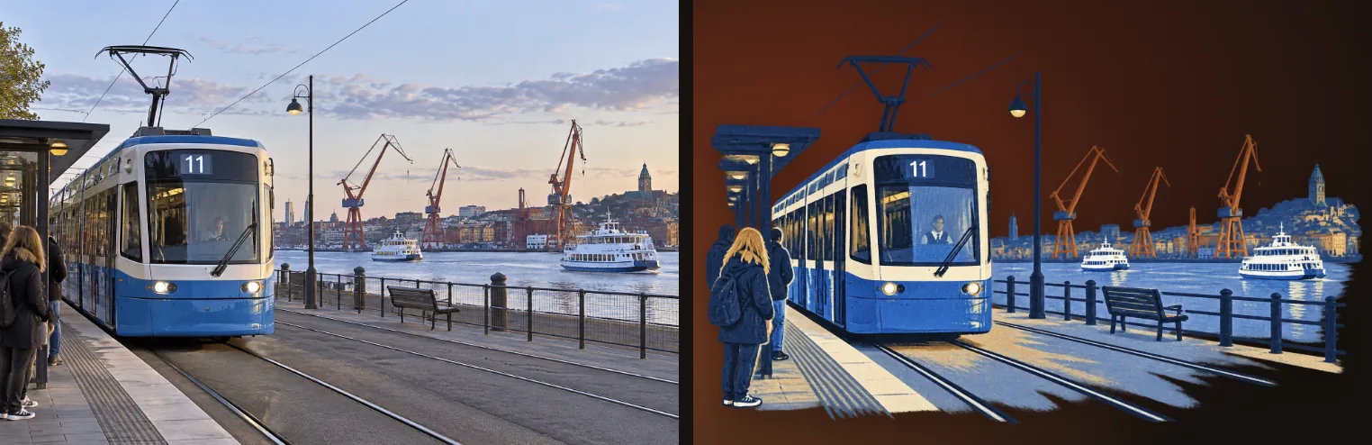 The tram photo before and after its Editorial poster restyle.