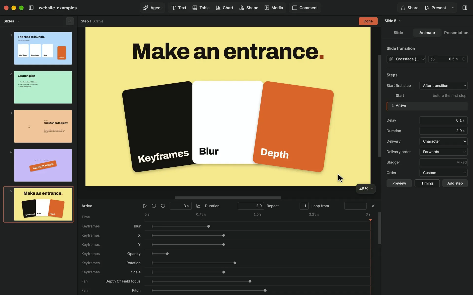 In the editor, the playhead is drawn through the keyframes of Make an entrance in the Timing panel, and its three cards fly in blurred. Then Present plays the slide: the cards swoop in from the camera out of focus and settle into a fan of Keyframes, Blur and Depth as the headline sweeps in.