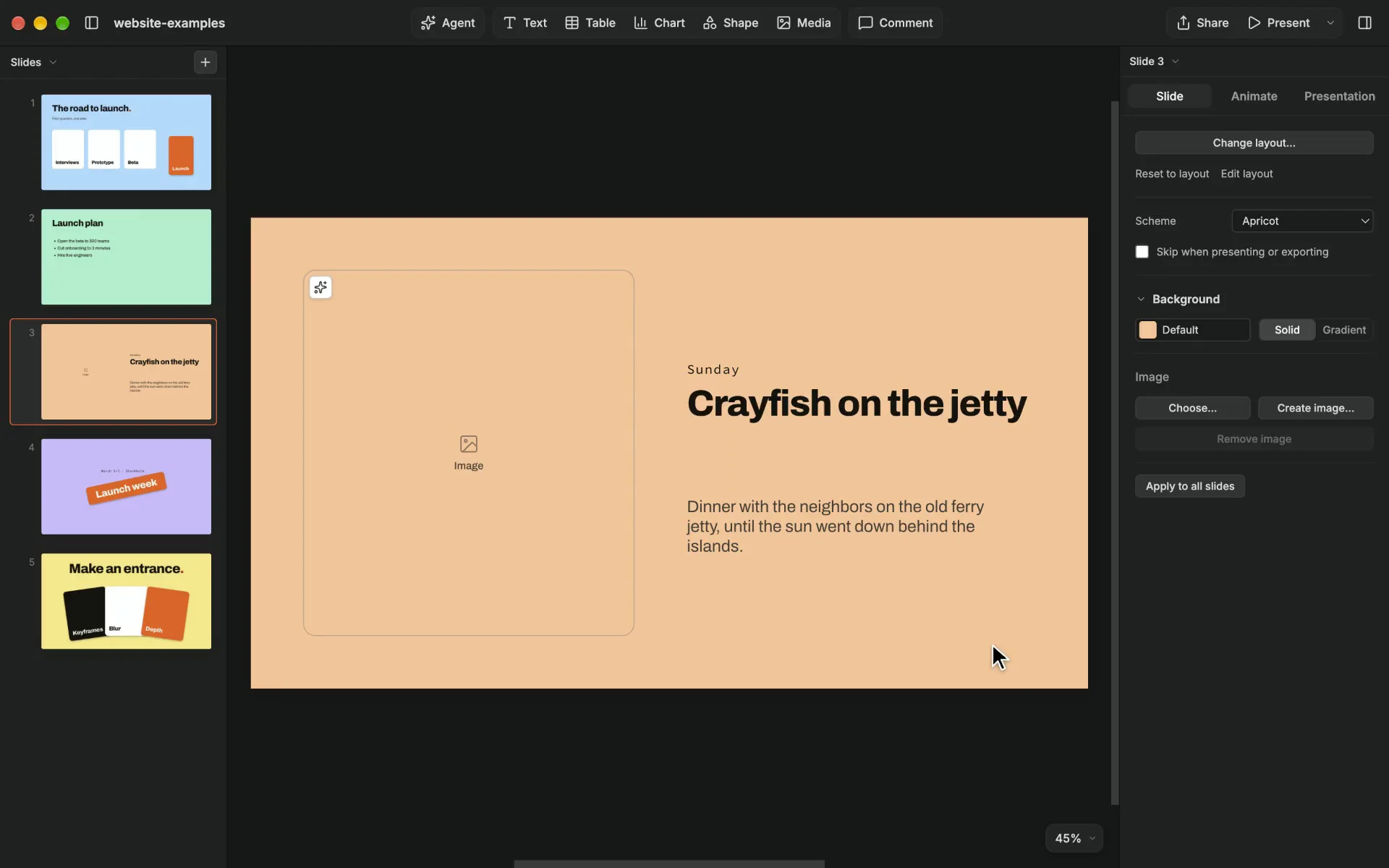 A slide titled “Crayfish on the jetty” in the editor, its picture still empty. Suggest from slide writes the picture’s prompt from the slide’s words, and the generated photograph of neighbors eating crayfish on a jetty at sunset fills the picture, its prompt in the panel beside it.