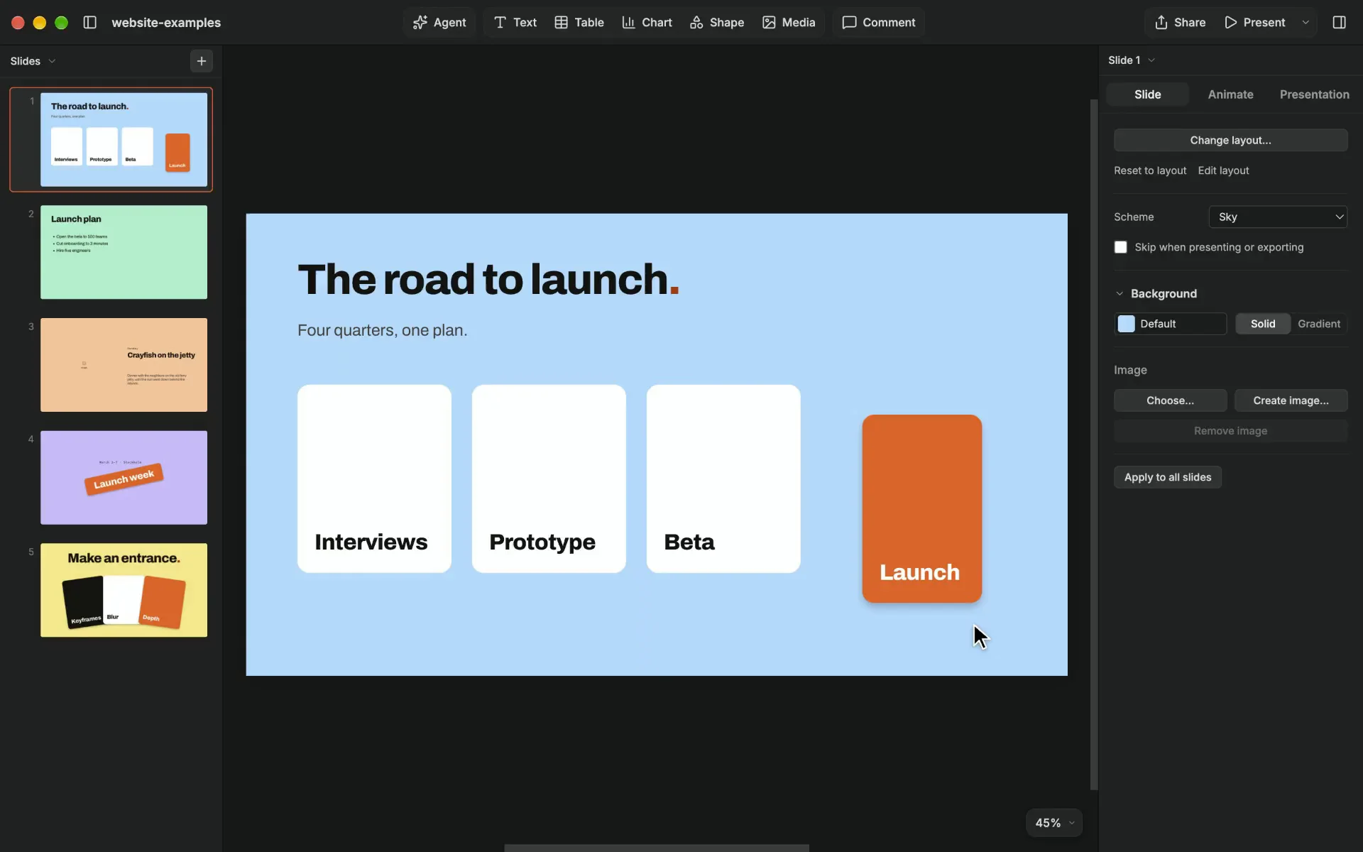 In the editor, a narrow Launch card dragged into a roadmap’s row of cards settles 48 from its neighbor, each 48 gap marked in pink; its right edge pulled out stops at the other cards’ width, 360. Then the dates above a Launch week banner tilted at −12° are turned until they meet its angle.