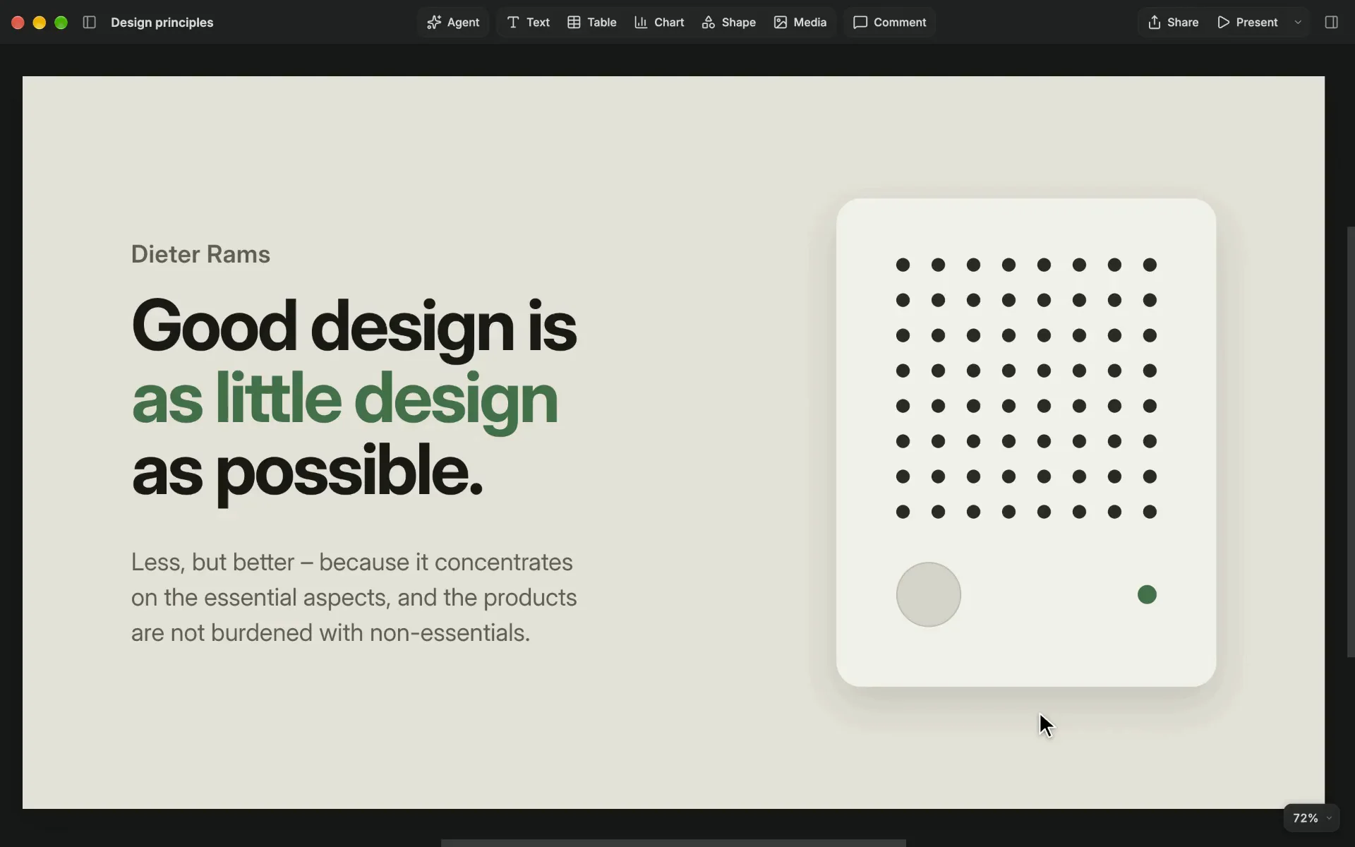 The editor with a Dieter Rams slide alone; then the slide list, the Outline, the inspector, Layers, presenter notes and the Agent come into view one at a time, each named in a caption.