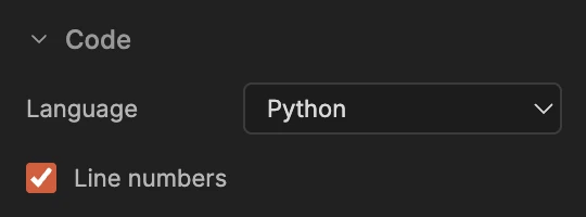 The Code section of the Style tab, with Language set to Python and Line numbers selected.