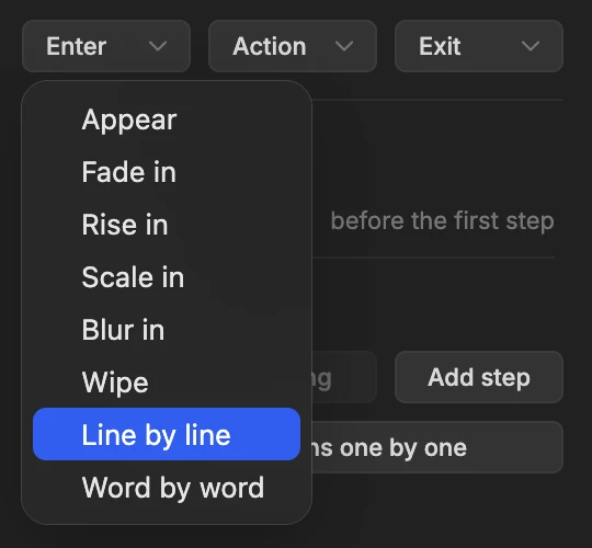 The Enter menu open in the Animate tab, listing Appear, Fade in, Rise in, Scale in, Blur in, Wipe, Line by line and Word by word.